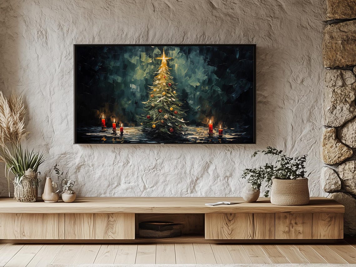 Impasto Christmas Tree With Glowing Star And Red Candles Night Poster - Image 3