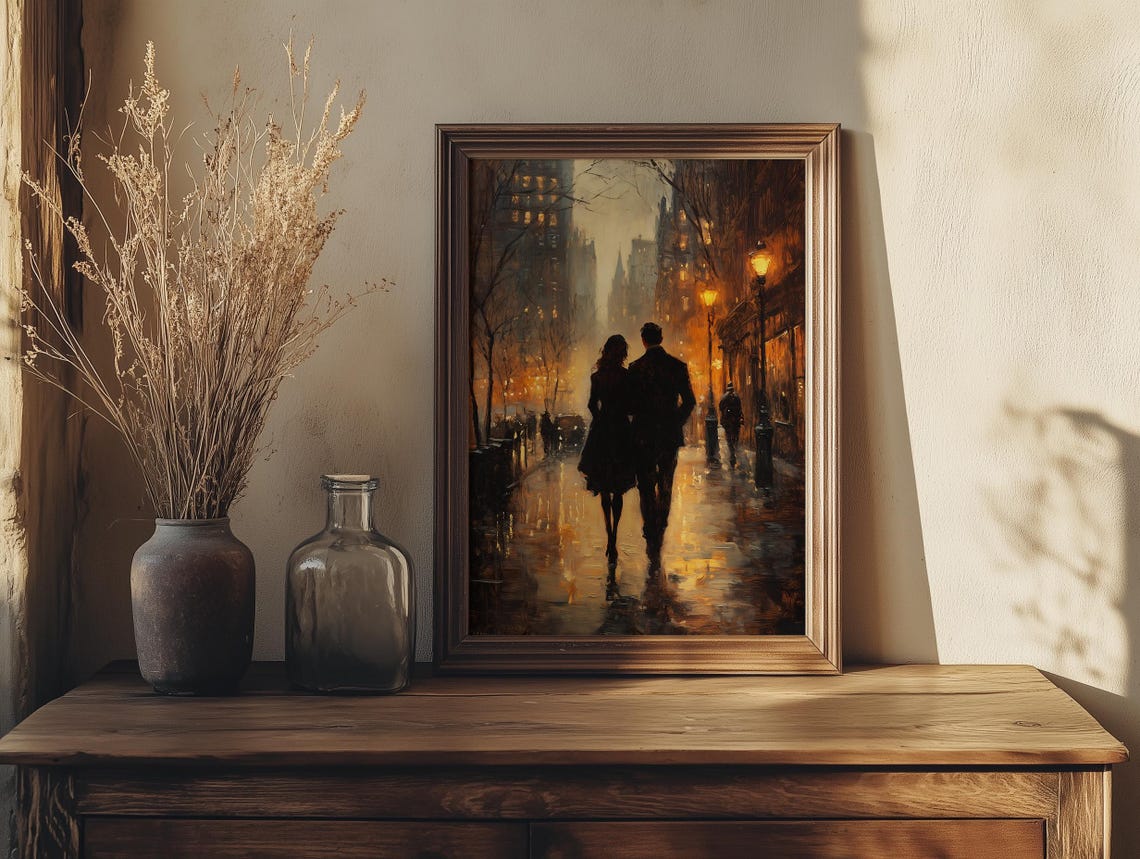 Romantic Couple Strolling a Rainy Lamplit City Street at Dusk Poster - Image 7