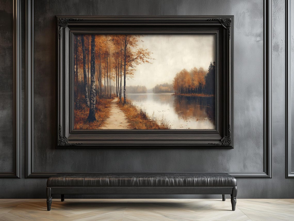 Autumn Birch Path Along Misty Lake With Golden Reflections Art Poster - Image 3