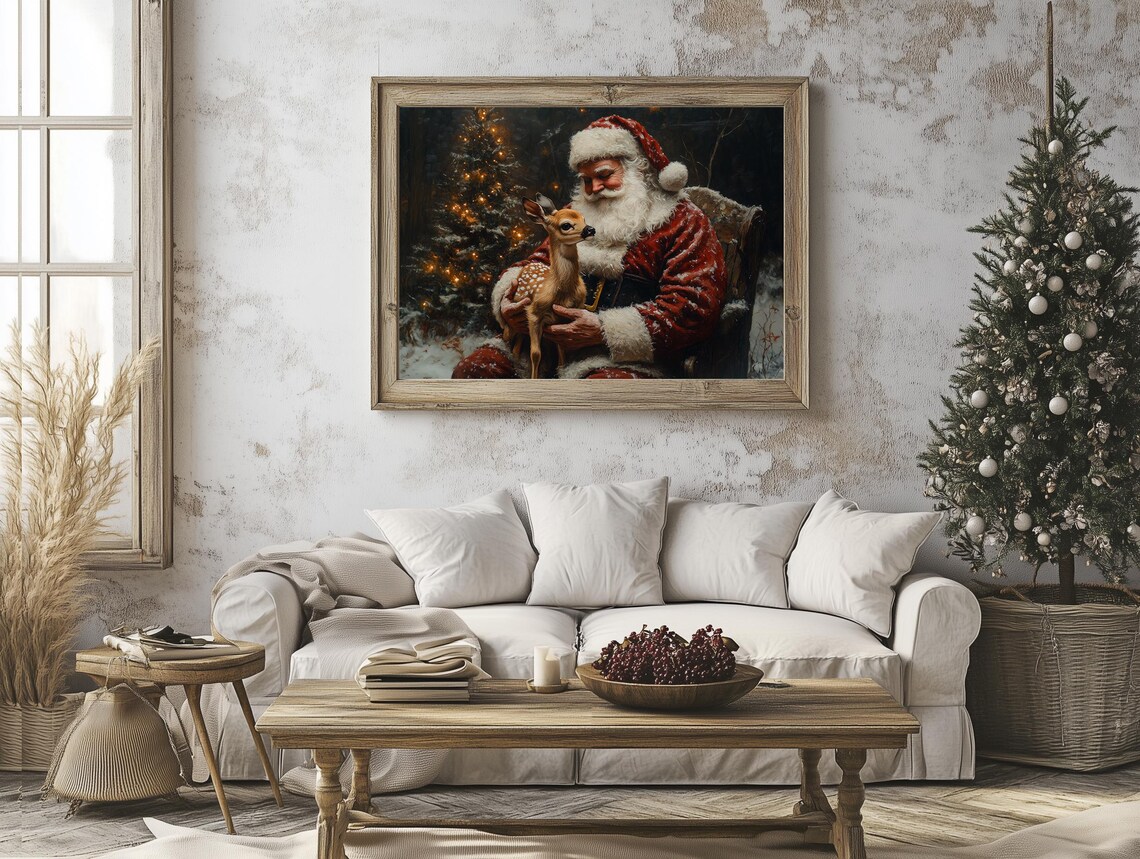 Santa Claus Holding Baby Deer Christmas Night Scene Painting Poster - Image 4