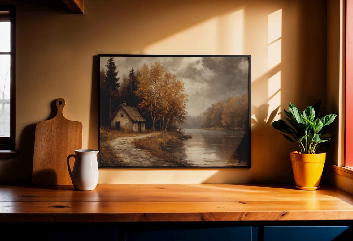 Rustic Cottage By Autumn Lake With Muddy Path Under Cloudy Sky Poster