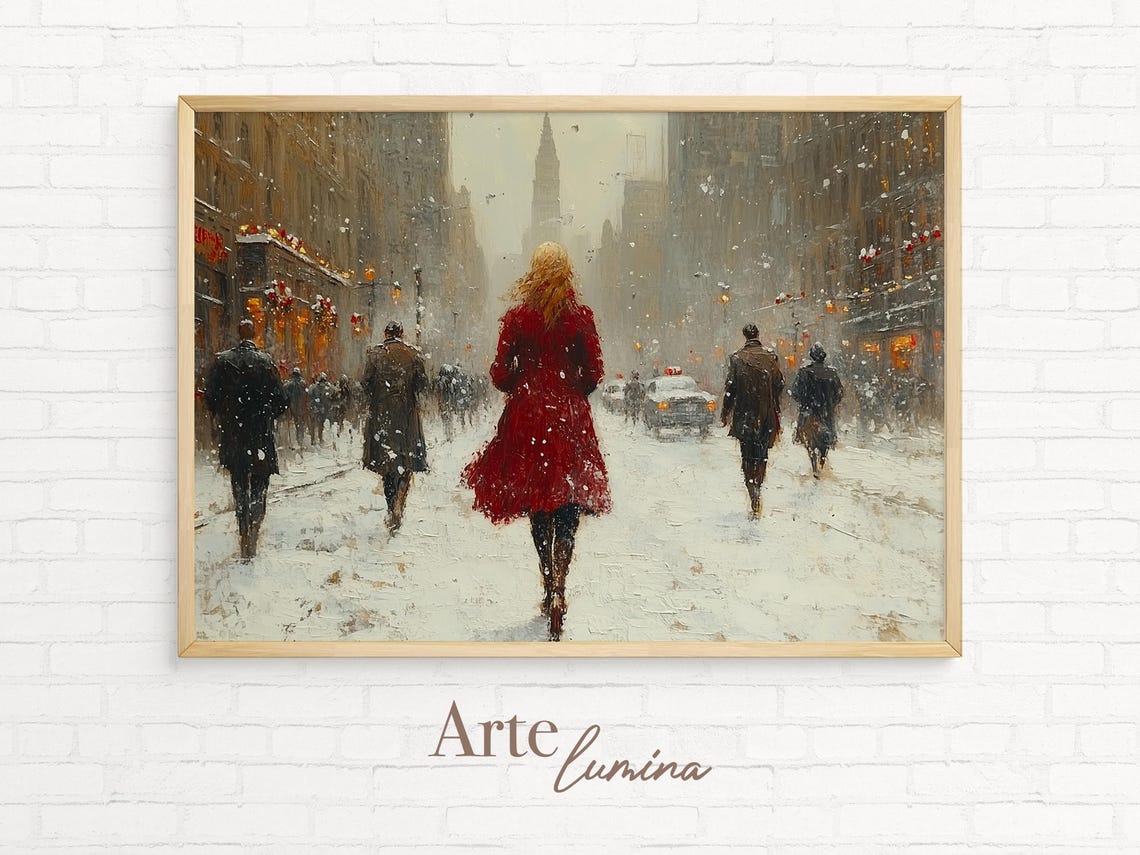 Striking Woman in a Red Coat on a Snowy City Street Art Poster