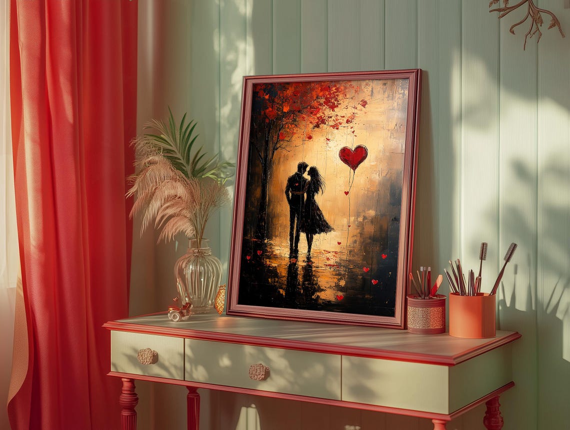 Romantic Lovers Silhouette with Red Heart Balloon Autumn Poster - Image 4