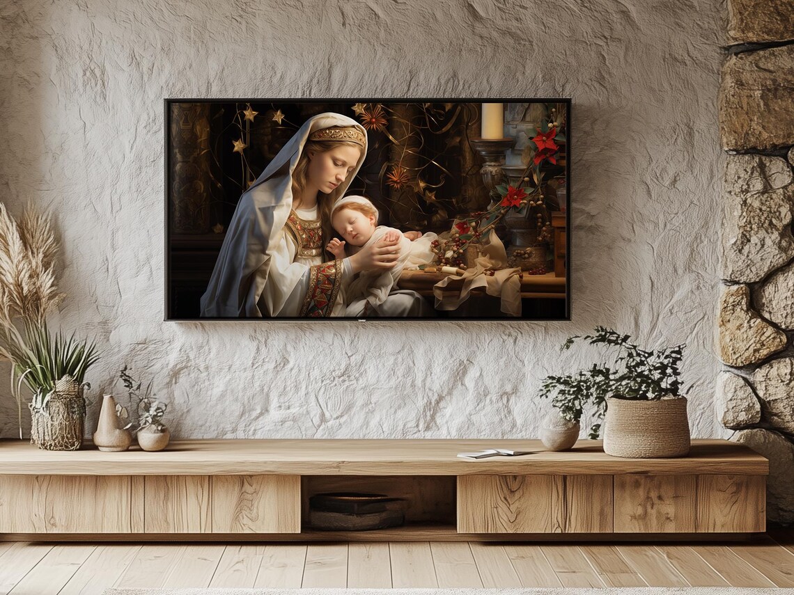 Madonna And Child With Candles And Poinsettias Christmas Art Poster - Image 4