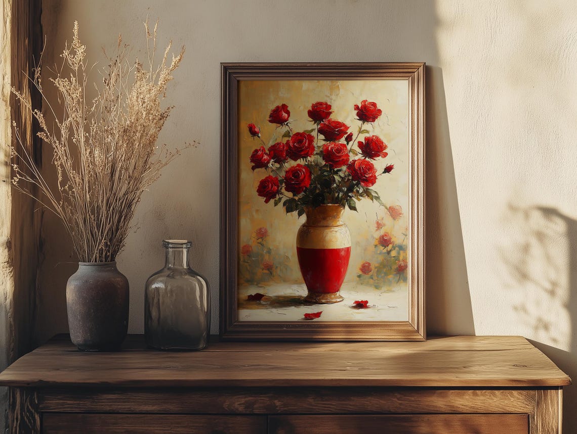 Bold Red Roses in a Red and Gold Vase Floral Still Life Poster - Image 5