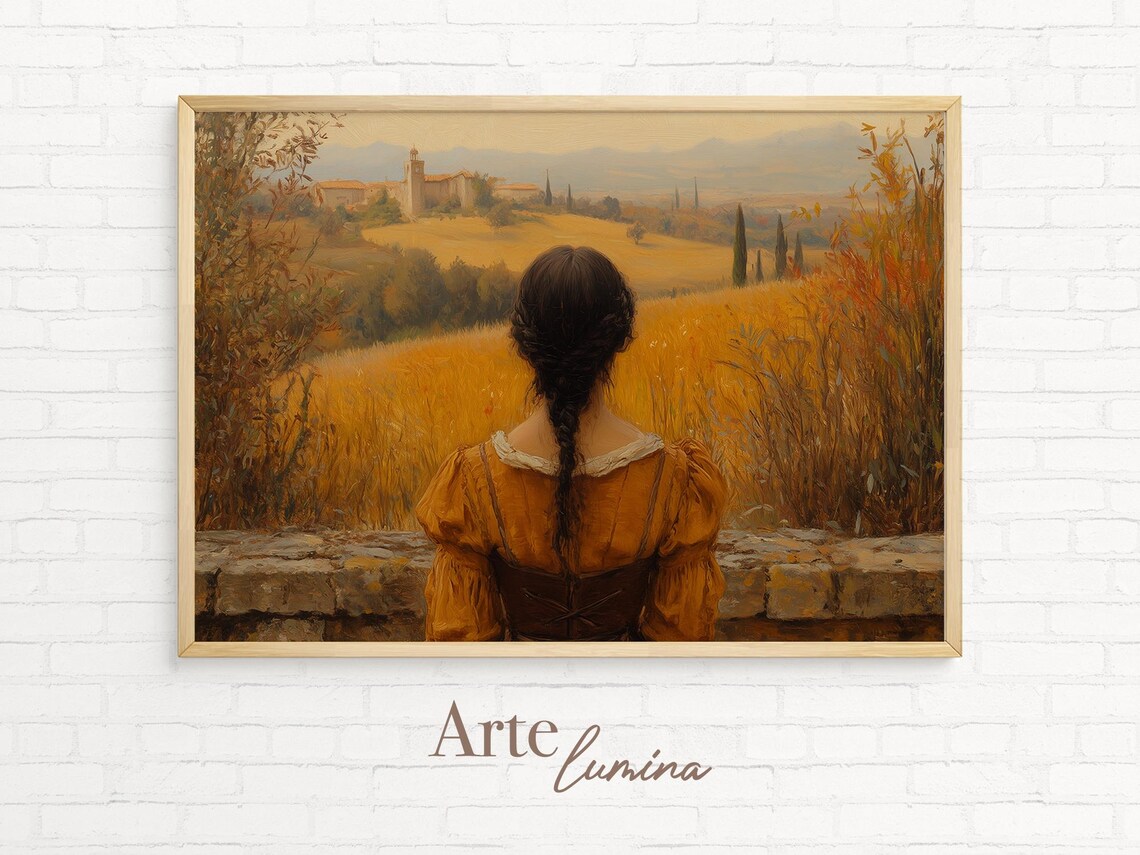 Woman in Amber Dress Overlooking Golden Tuscan Hillside Poster - Image 7