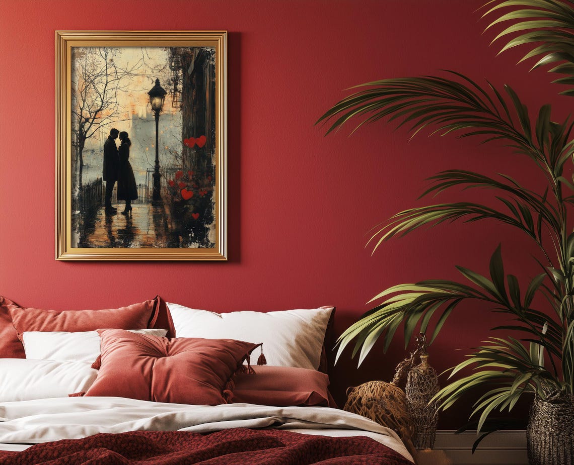 Romantic City Lovers Kiss on a Rainy Lamplit Street at Night Poster - Image 3
