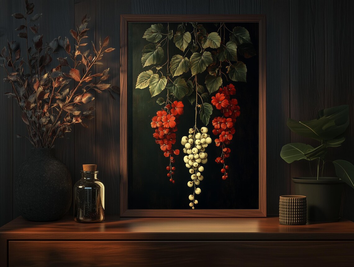 Vintage Hanging Red and White Grape Clusters Still Life Art Poster - Image 3