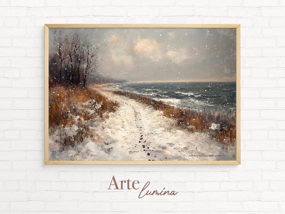 Snowy Sea Landscape Winter Wall Art Farmhouse Wall Decor Nordic Moody Pinting Rustic Christmas Print 46