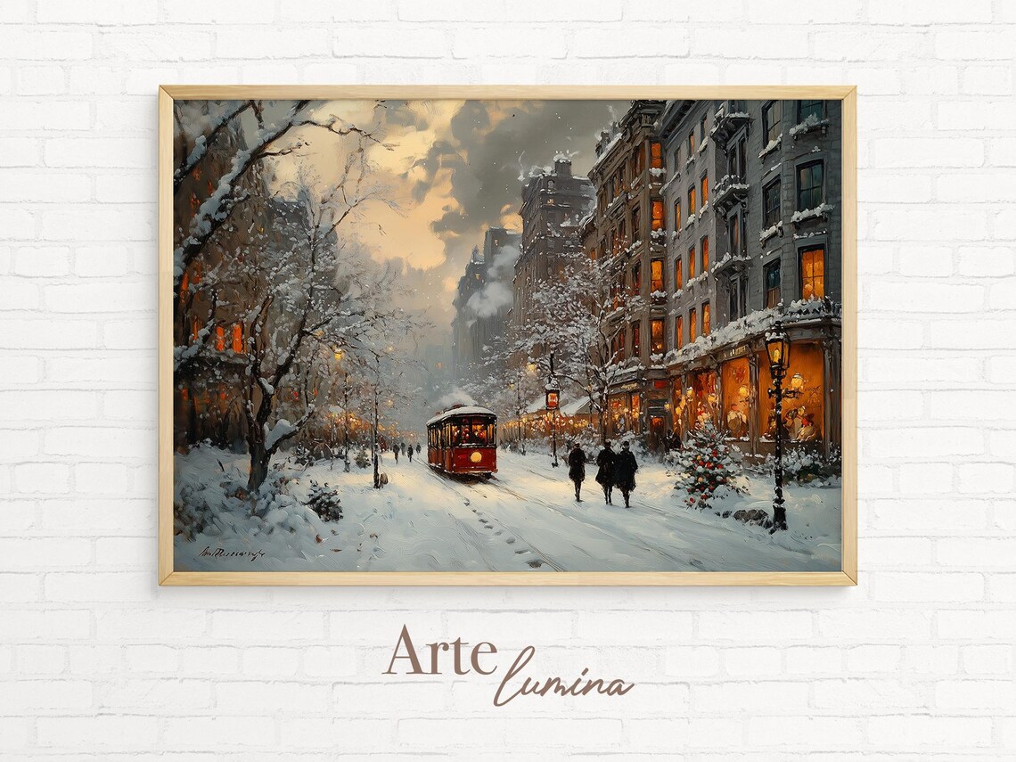Snowy City Street with a Red Tram at Dusk Winter Painting Poster - Image 7