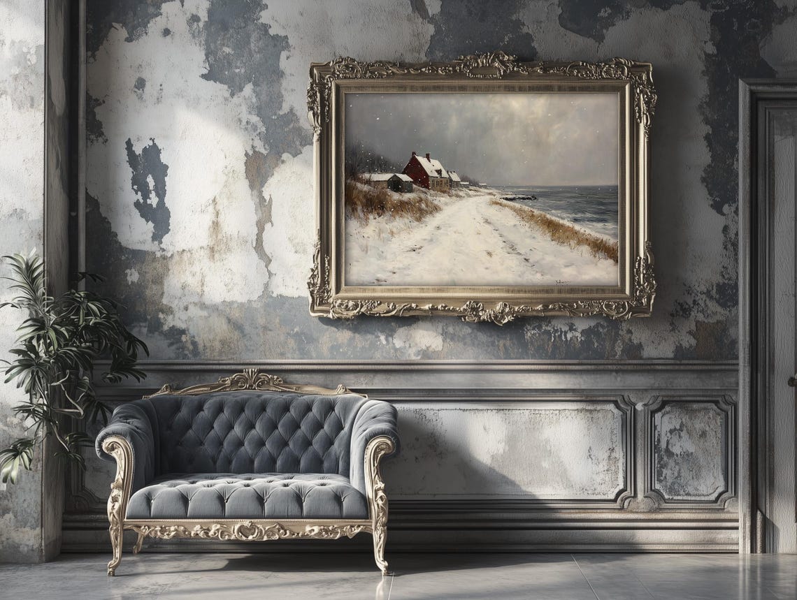 Snowy Coastal Village with a Red Farmhouse Winter Art Poster - Image 6
