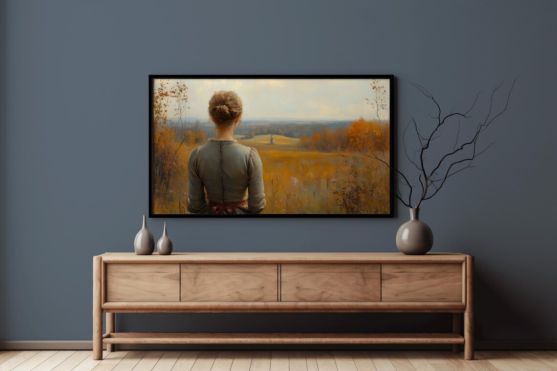 Woman Overlooking Golden Autumn Field With Distant Hill Figure Art Poster - Image 6