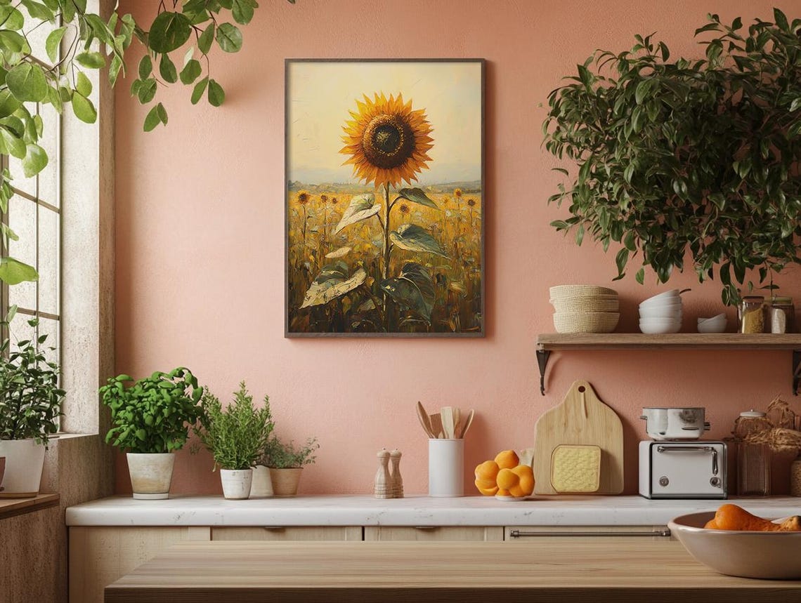 Tall Sunflower Rising Over a Golden Summer Field Painting Poster - Image 3