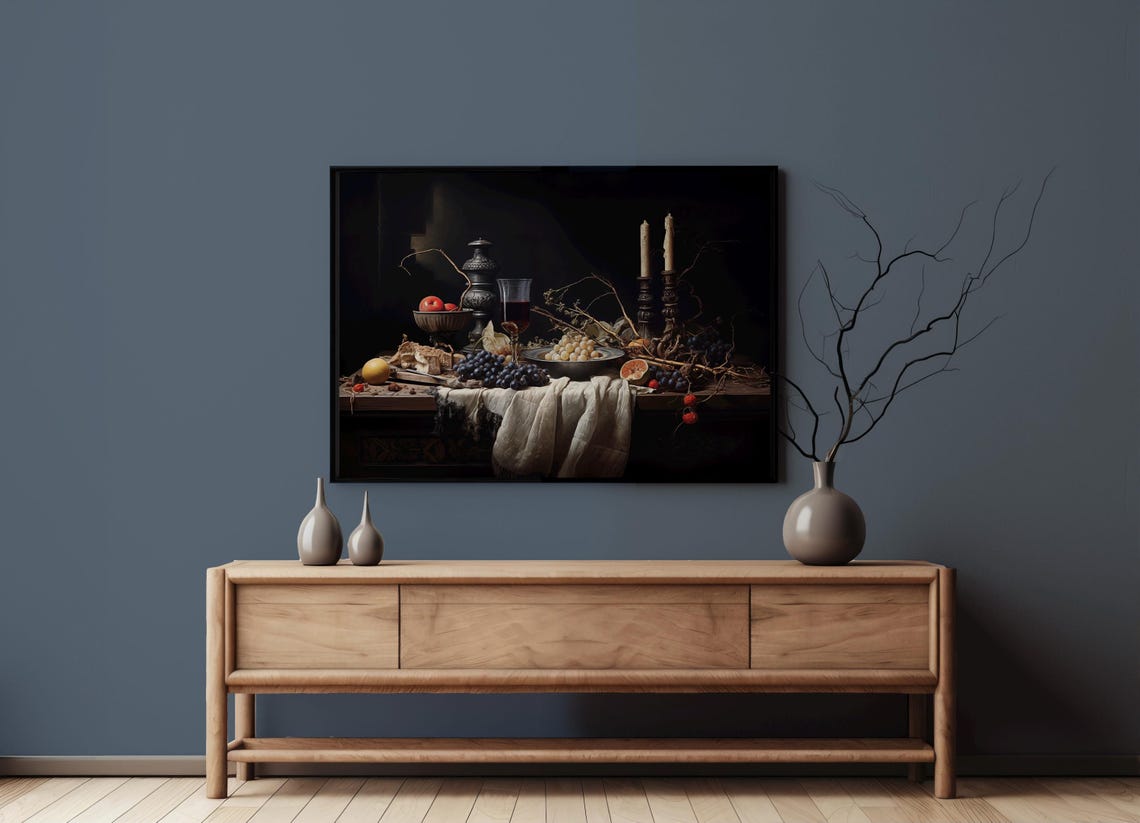 Moody Still Life With Grapes Candles And Bread Vintage Dark Oil Poster - Image 3