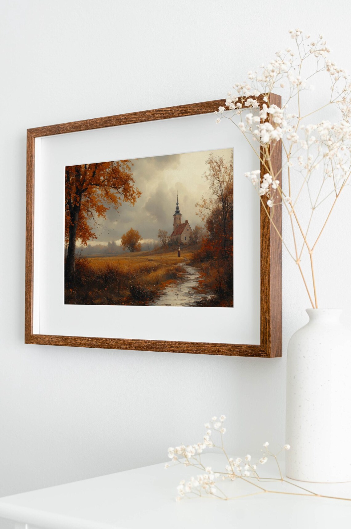 Autumn Country Lane With Church Steeple And Lone Figure Vintage Poster - Image 3