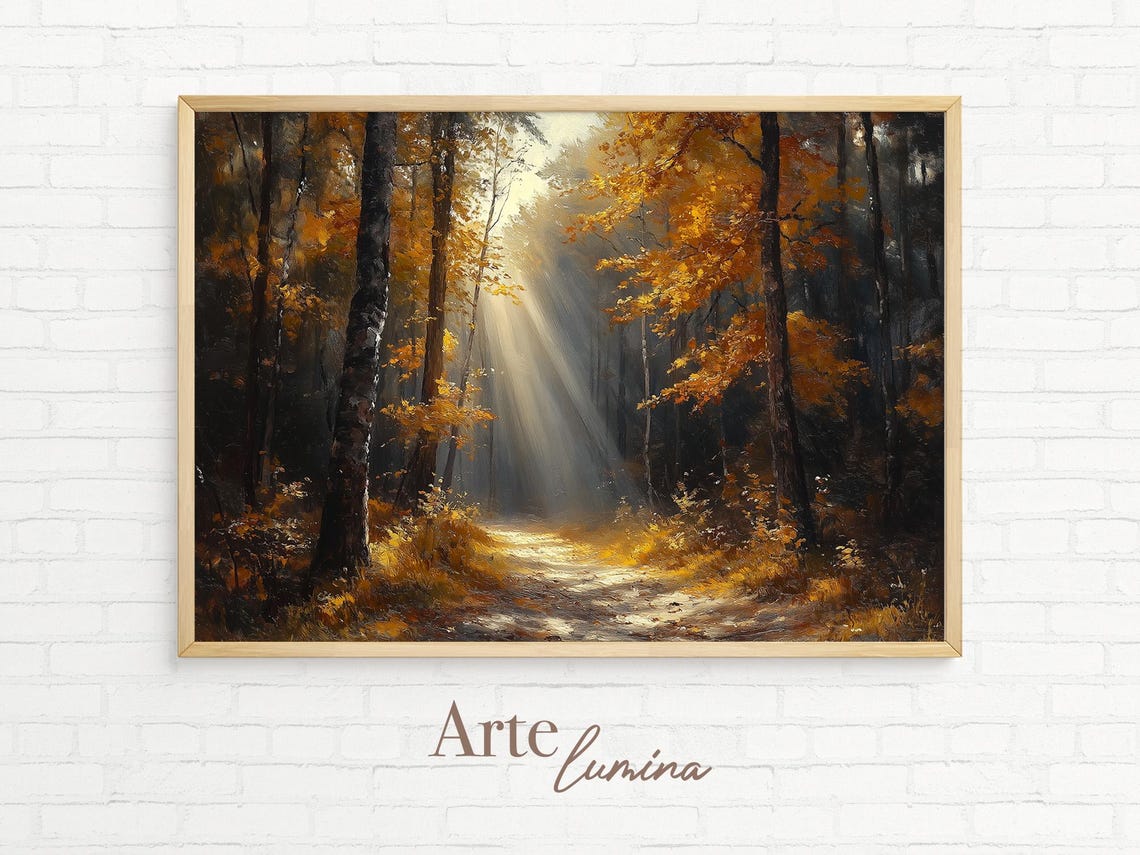 Sunbeams Through Autumn Forest Path Golden Fall Landscape Oil Poster