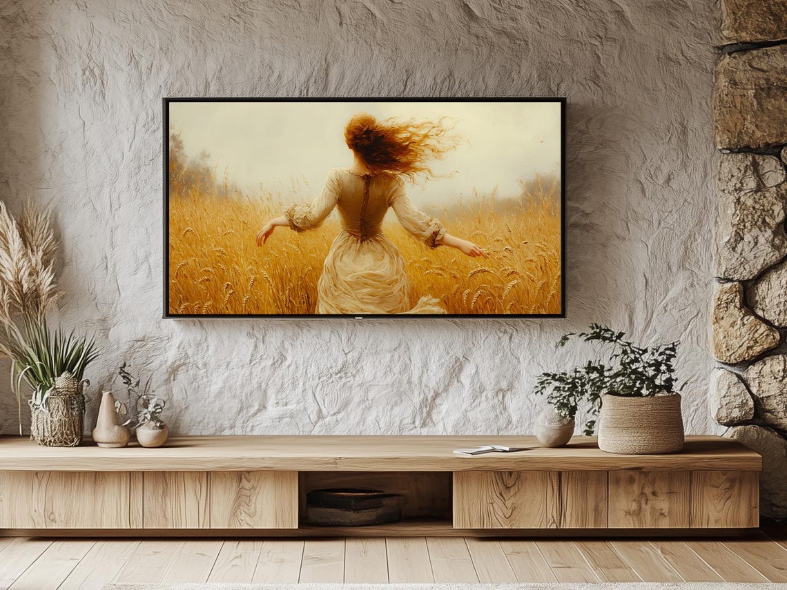 Red Haired Woman In Golden Wheat Field Vintage Style Art Poster - Image 3