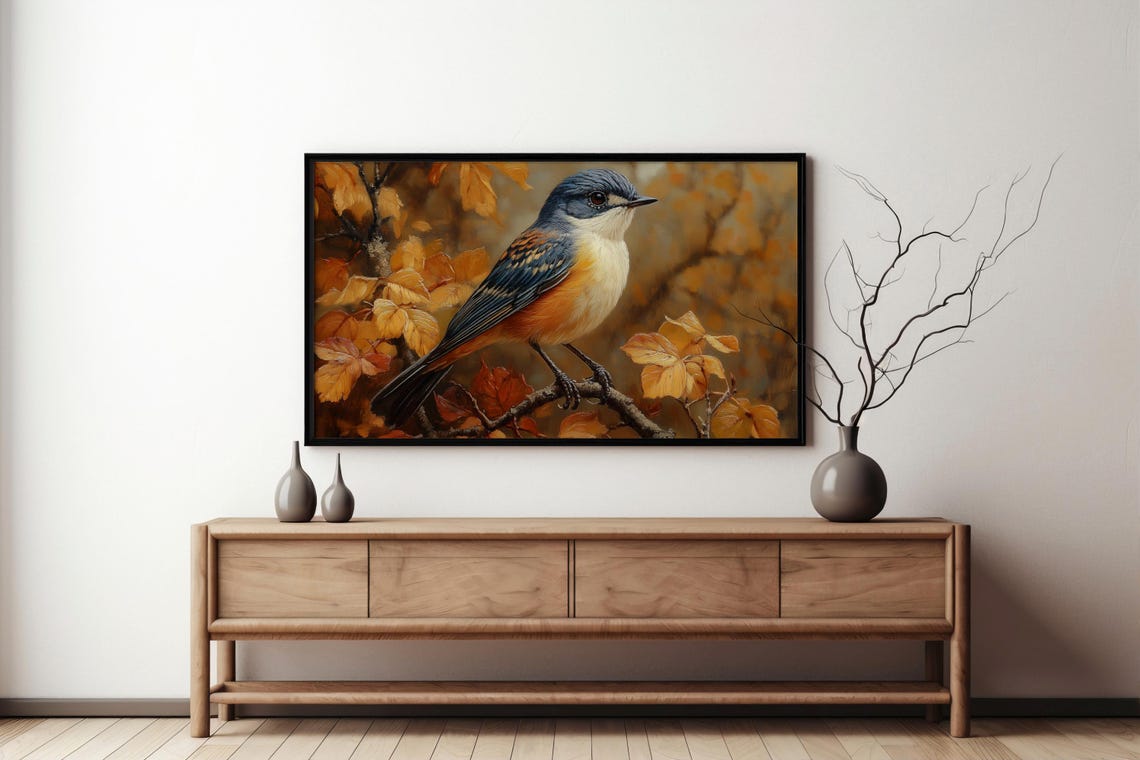 Songbird Portrait With Blue Gray Plumage And Orange Breast Fall Poster - Image 3