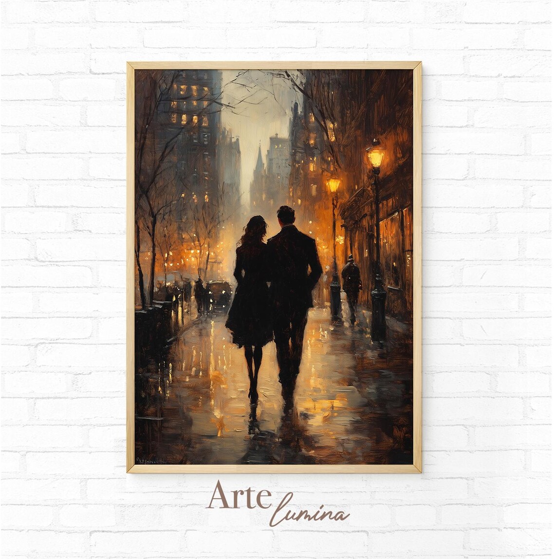 Romantic Couple Strolling a Rainy Lamplit City Street at Dusk Poster