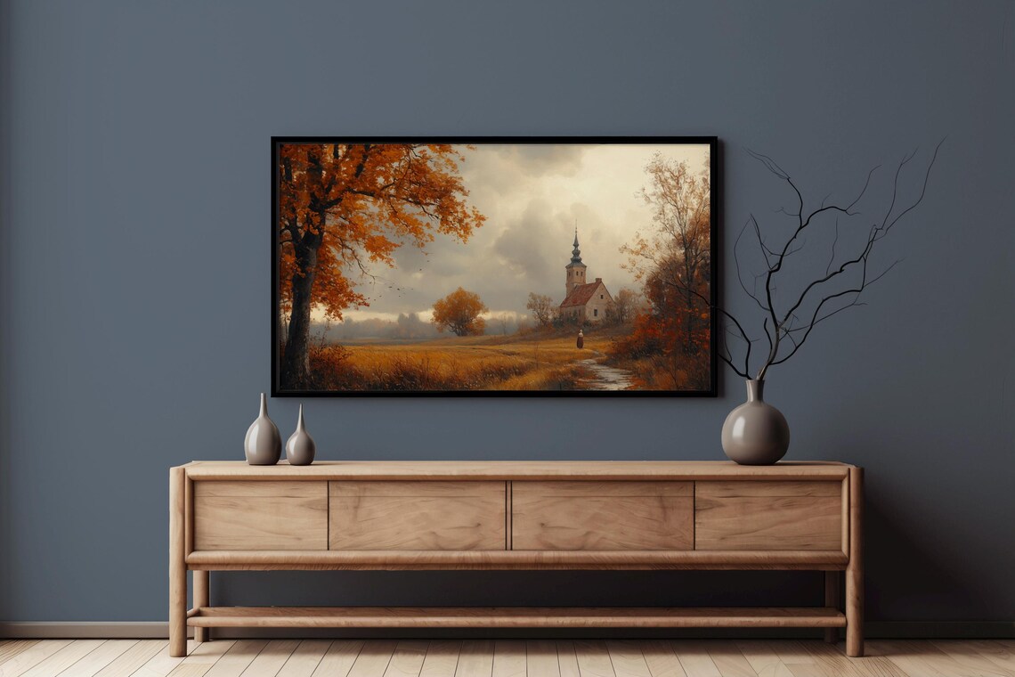 Autumn Country Lane With Church Steeple And Lone Figure Vintage Poster - Image 5
