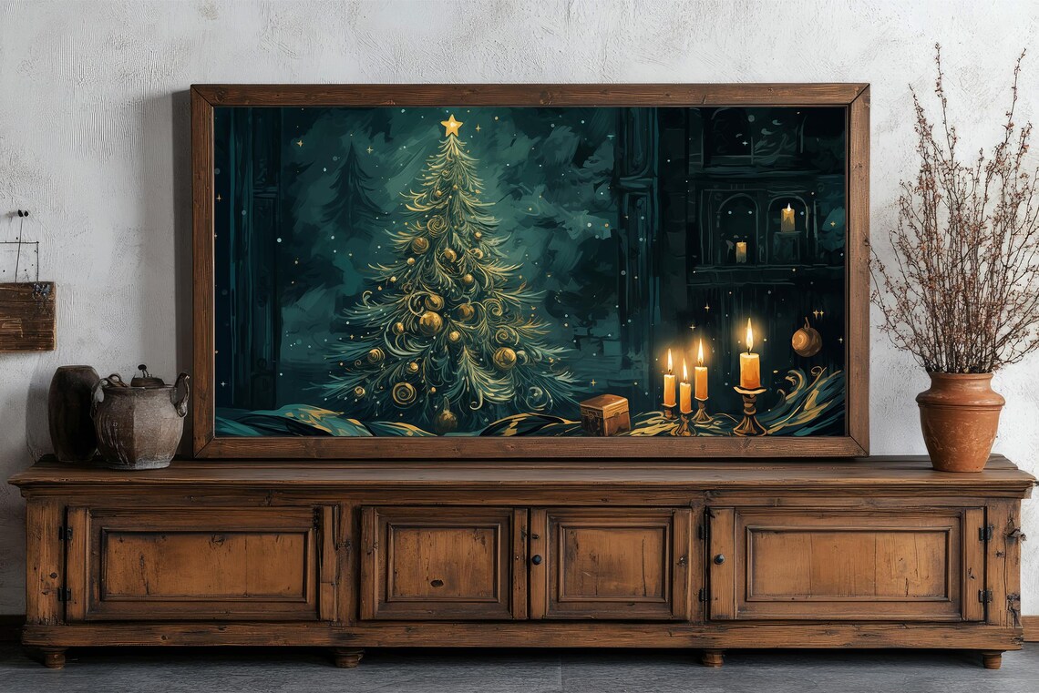 Christmas Still Life With Candles Small Tree Gifts And Moonlit Night Poster - Image 5
