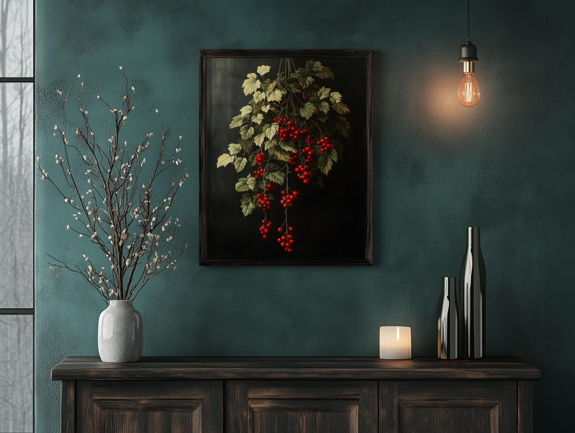 Vivid Hanging Red Currants Botanical Branch on Dark Art Poster - Image 3