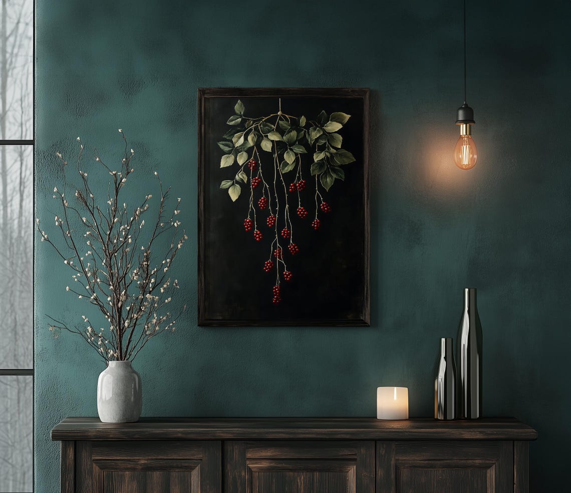 Cascading Dark Red Berries Botanical Branch Moody Art Poster - Image 6