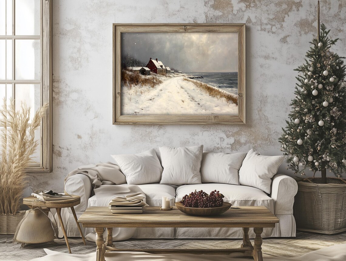 Snowy Coastal Village with a Red Farmhouse Winter Art Poster - Image 5
