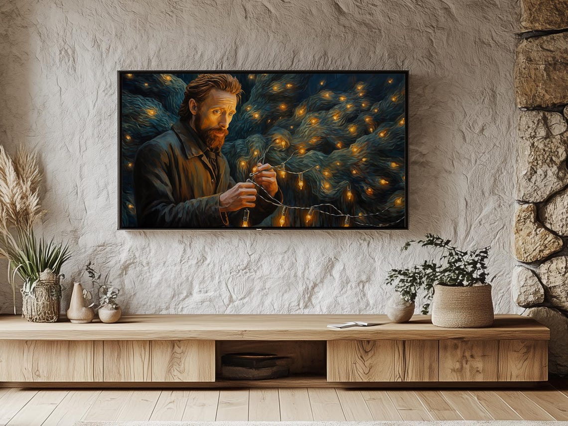 Father Hanging Christmas Lights on the Tree Holiday Art Poster - Image 5