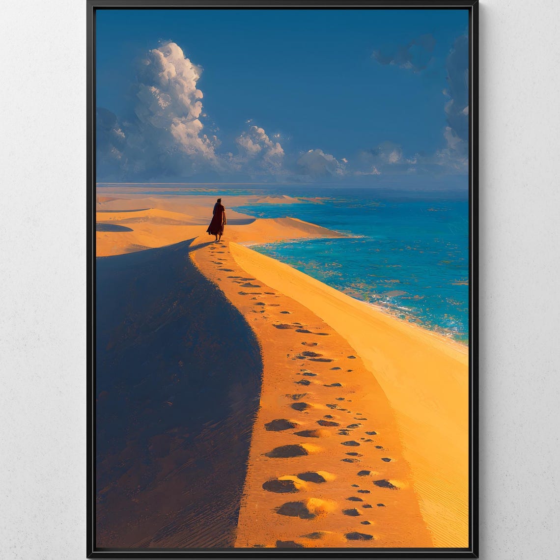 Lone Traveler Golden Sand Dune Turquoise Ocean Journey Poster