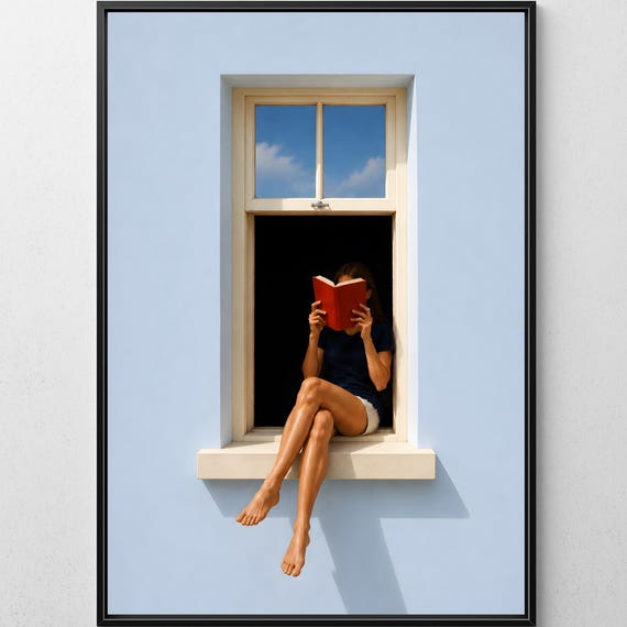 Minimalist Book Lover Gift Blue Dopamine Decor Reading Window Wall Art Digital Download