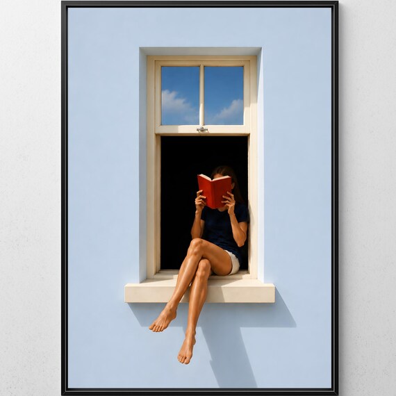 Woman Reading Red Book Window Ledge Minimalist Blue Wall Poster
