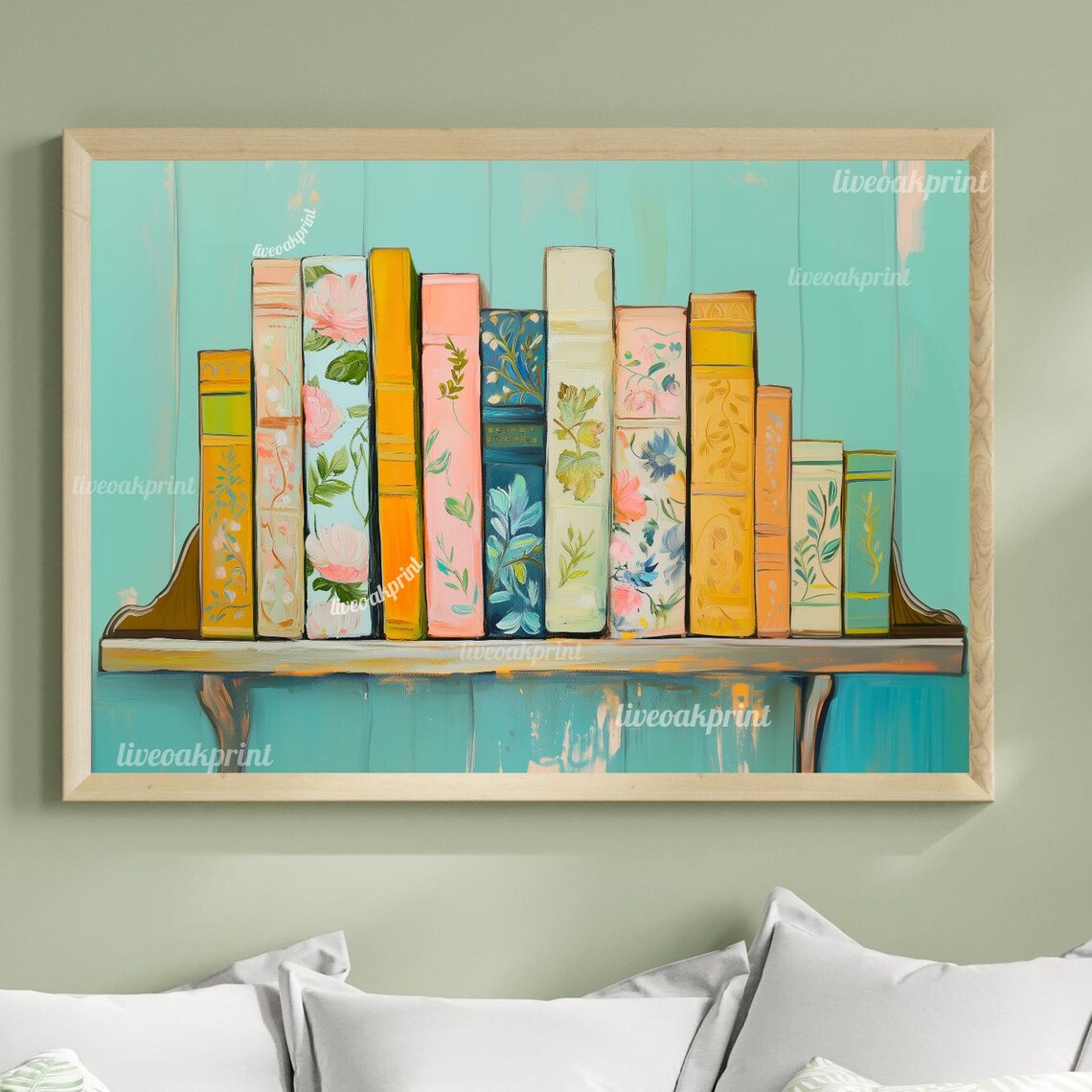 Farmhouse Rustic Bookshelf Print Vintage Bookshelf Wall Art Over Couch Statement Piece Blue Teal Pink Orange Retro Book Lover Decor