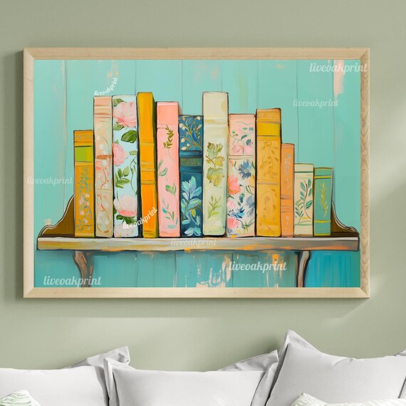 Farmhouse Rustic Bookshelf Print Vintage Bookshelf Wall Art Over Couch Statement Piece Blue Teal Pink Orange Retro Book Lover Decor