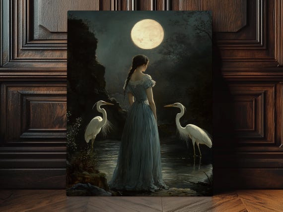 Moonlit Bluedressed Woman And White Herons Print On Canvas Or Premium Archival Paper Vintage Full Moon Scenery Dark Academia Wall Art