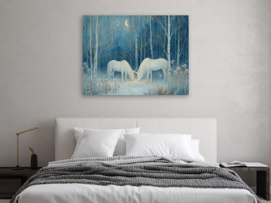 Two White Unicorns in Moonlit Birch Forest Fantasy Art Poster