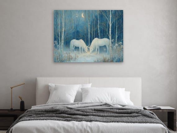 Unicorns Canvas Wall Art Mystical Night Forest Painting In Blue Gold Colors Fantasy Winter Nature Framed Print For Home Dcor