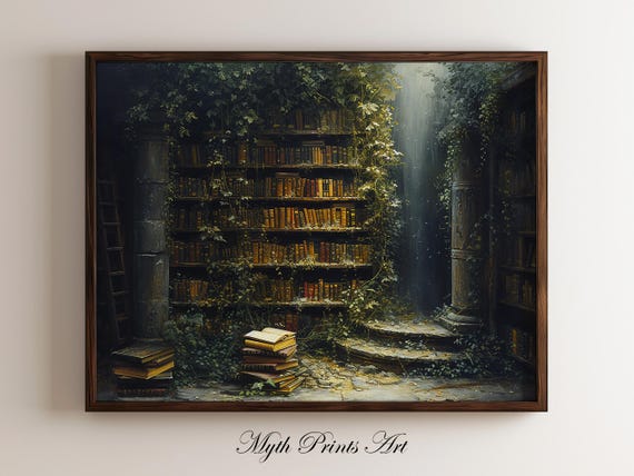 Victorian Overgrown Library Art Print, Dark Academia