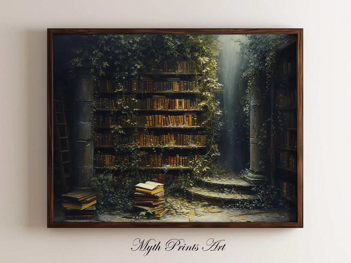 Victorian Overgrown Library Art Print, Dark Academia