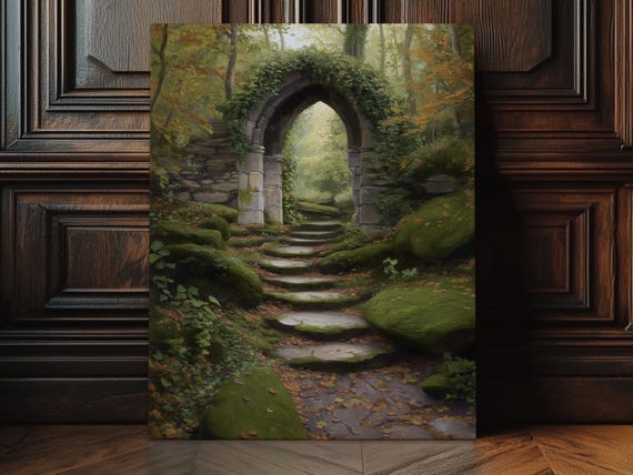 Overgrown Stone Archway Print On Canvas Abandoned Places Framed Wall Art Forest Scenery Green Colors