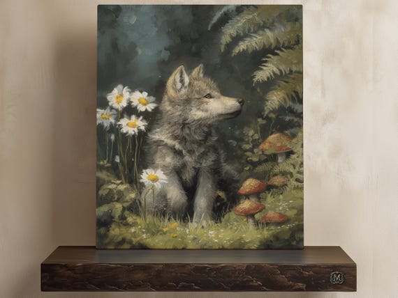 Wolf Pup And Daisies Print On Canvas Or Premium Archival Paper Baby Animals Wildlife Nature Wall Art Vintage Scenery Home Decor
