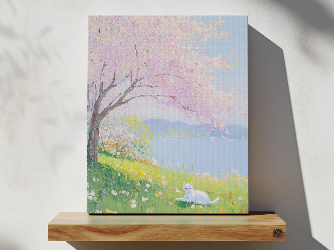 White Cat Resting Under Cherry Blossom Tree Lakeside Spring Poster