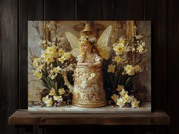 Daffodils Fairy Print On Canvas Premium Archival Paper Whimsical Little Creatures Oil Painting Vintage Fantasy Wall Art Spring Home Decor