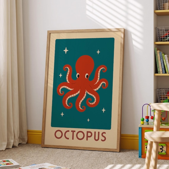 Retro Red Octopus Curled Tentacles Teal Ocean Nursery Poster