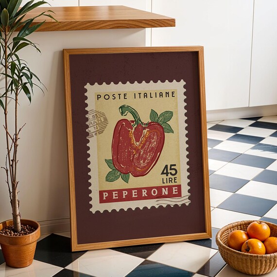 Red Bell Pepper Italian Postage Stamp Retro Kitchen Food Poster