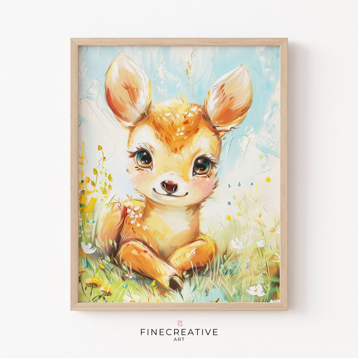 Cute Baby Deer Fawn in Flower Meadow Nursery Painting Wall Poster