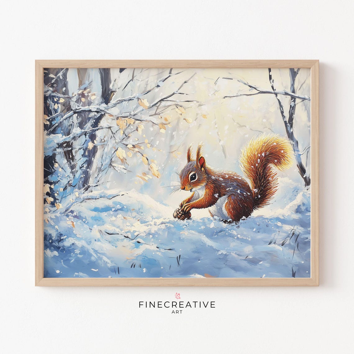 Red Squirrel Holding Pinecone In Snowy Forest Portrait Poster