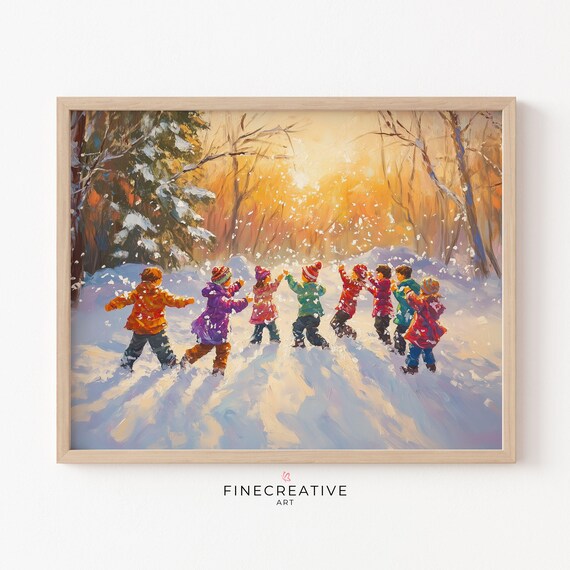 Children Dancing In Circle In Golden Snowfall At Sunset Poster