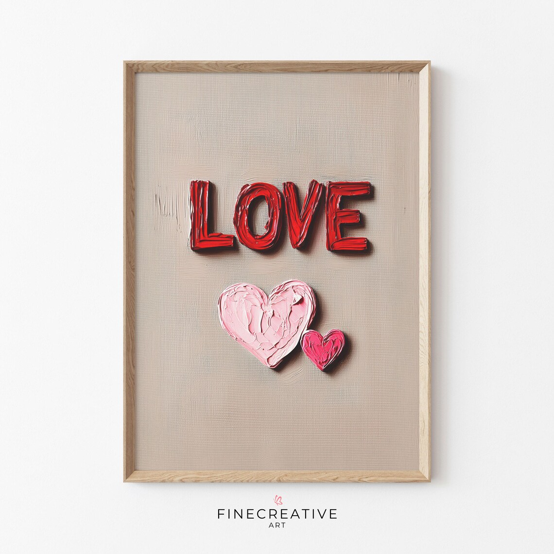 Textured Love Lettering With Pink Hearts Minimalist Wall Art