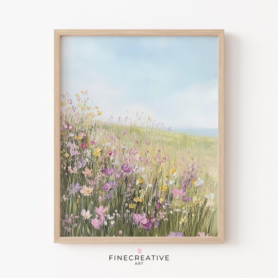 Pastel Wildflower Hillside Field Under a Soft Blue Sky Poster